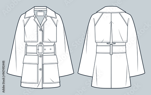 Trench Coat technical fashion Illustration. Belted Coat fashion flat technical drawing template, button, pockets, raglan sleeve, relaxed fit, front and back view, white, women, men, unisex CAD mockup.