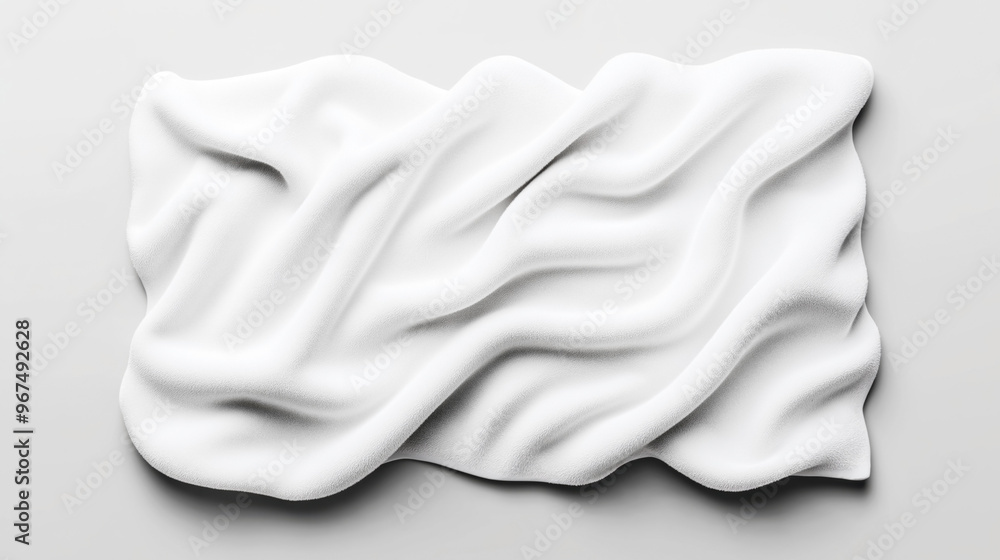 Top view of a white fabric with a textured surface, arranged in smooth waves and folds, placed on a neutral background. The fabric appears soft and lightly wrinkled. Top view of a white fabric with a textured surface, arranged in smooth waves and folds, placed on a neutral background. The fabric appears soft and lightly wrinkled.