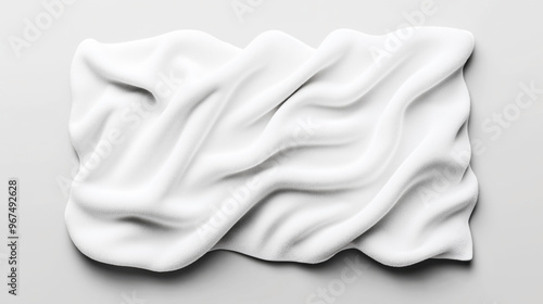 Top view of a white fabric with a textured surface, arranged in smooth waves and folds, placed on a neutral background. The fabric appears soft and lightly wrinkled.