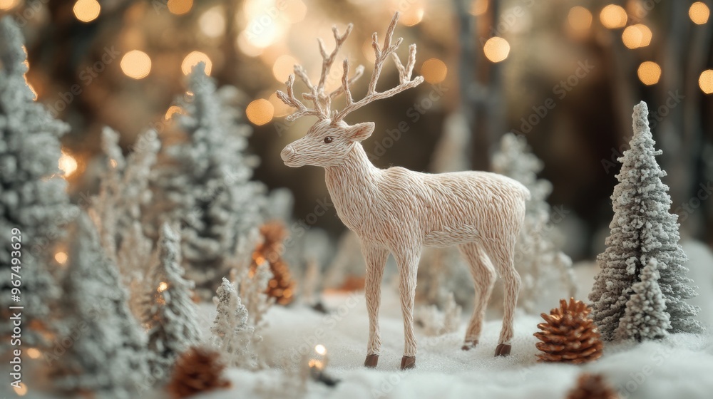 Handmade twine reindeer in snowy forest with twinkling holiday lights Handmade twine reindeer in snowy forest with twinkling holiday lights