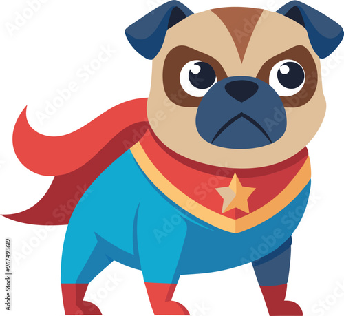 A dog in a blue and red costume with a star on it. The dog looks angry and is looking at the camera