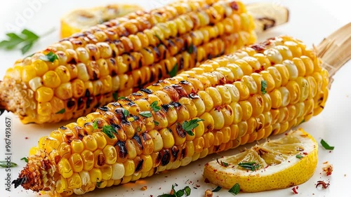 Grilled corn on the cob with fresh herbs and lemon for summer barbecues photo