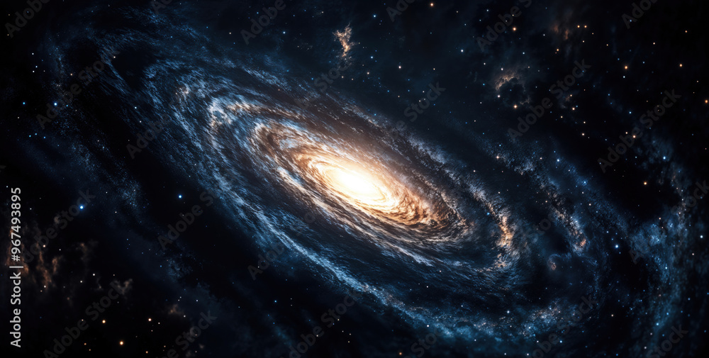 Spiral galaxy with a bright center is surrounded by dark dust lanes and countless stars. High quality photo Spiral galaxy with a bright center is surrounded by dark dust lanes and countless stars. High quality photo