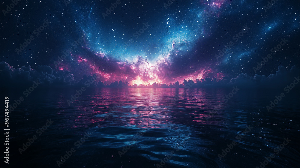 A cinematic view of a galaxy reflecting on a dark water surface, with smooth textures and soft lighting. The scene creates a serene, otherworldly atmosphere. A cinematic view of a galaxy reflecting on a dark water surface, with smooth textures and soft lighting. The scene creates a serene, otherworldly atmosphere.