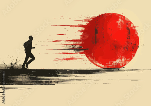 Minimalist Business Person Running Towards Red Finish Line, Symbolizing Competition and Achievement, Abstract Vector Illustration