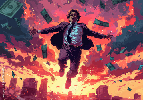 Businessman Flying on Banknote in Dramatic Sky, Concept of Financial Success and Ambition, Surreal Financial Illustration, Dynamic Evening Scene