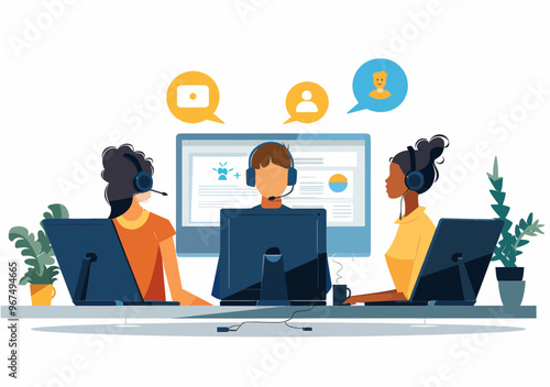 Call Center Customer Service Team with Headsets Providing Online Technical Support, Vector Illustration of Business Communication and Assistance Concept