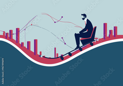 Businessman Riding Roller Coaster on Growth Chart, Concept Illustration of Business Volatility and Market Dynamics