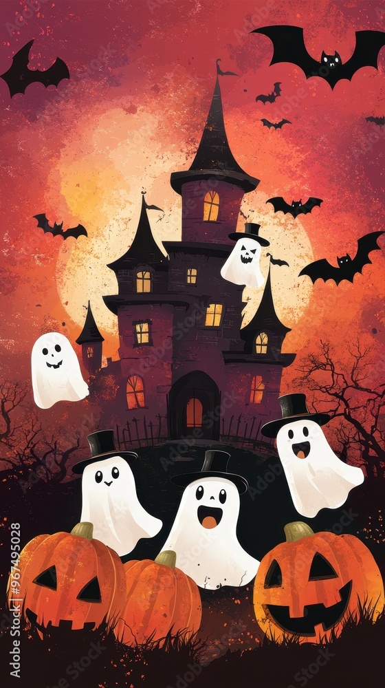 Playful ghosts dance around jack-o'-lanterns in front of a spooky castle under a moonlit sky, capturing the Halloween spirit Playful ghosts dance around jack-o'-lanterns in front of a spooky castle under a moonlit sky, capturing the Halloween spirit