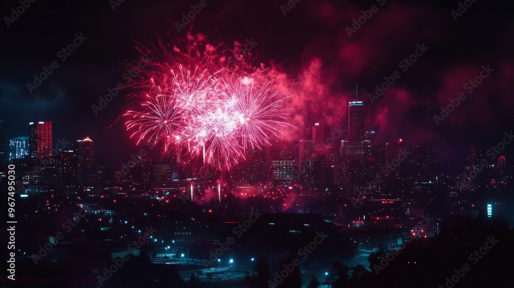 Pink Fireworks Display Over a City Skyline at Night Pink Fireworks Display Over a City Skyline at Night
