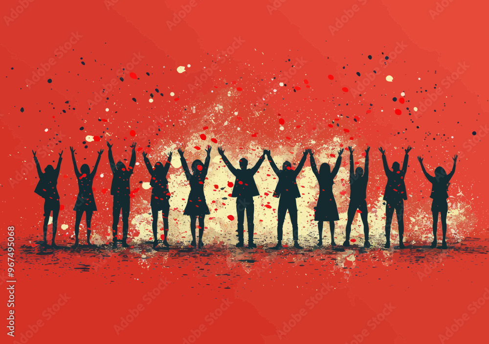 Celebration Team Victory Silhouette, Business Success, Awards Ceremony, Group Cheering, Joyful Corporate Achievement, Minimalistic Vector Art, Red Festive Background Celebration Team Victory Silhouette, Business Success, Awards Ceremony, Group Cheering, Joyful Corporate Achievement, Minimalistic Vector Art, Red Festive Background