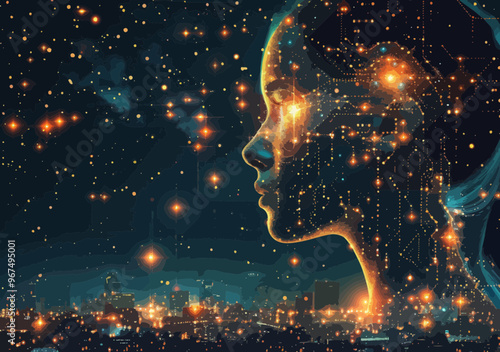 AI assisting human technological progress, futuristic cityscape, night setting, digital human face, artificial intelligence vector illustration