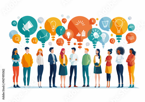 Diverse Business Team Brainstorming Ideas in Speech Bubbles with Business Icons, Vector Illustration for Business Meetings, Collaboration, Creative Solutions