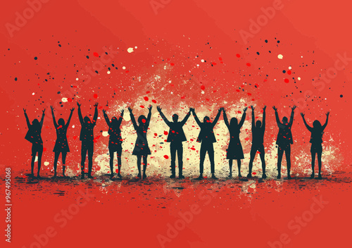 Celebration Team Victory Silhouette, Business Success, Awards Ceremony, Group Cheering, Joyful Corporate Achievement, Minimalistic Vector Art, Red Festive Background