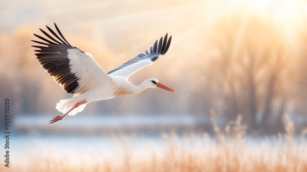 Obraz premium White beautiful stork flying over the lake in the morning.
