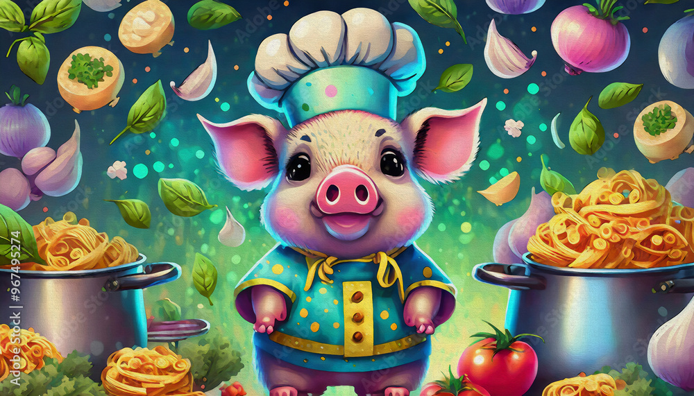 Fototapeta premium oil painting style cartoon character illustration multicolored portrait cute baby pig in a chef costume surrounded by pans 