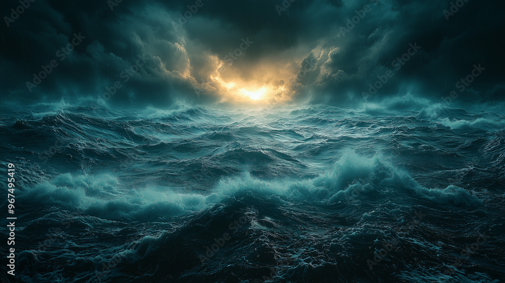 A cinematic view of stormy, dark clouds rolling over the ocean, with a faint light breaking through the horizon. Smooth details and noise reduction create a dramatic seascape. A cinematic view of stormy, dark clouds rolling over the ocean, with a faint light breaking through the horizon. Smooth details and noise reduction create a dramatic seascape.