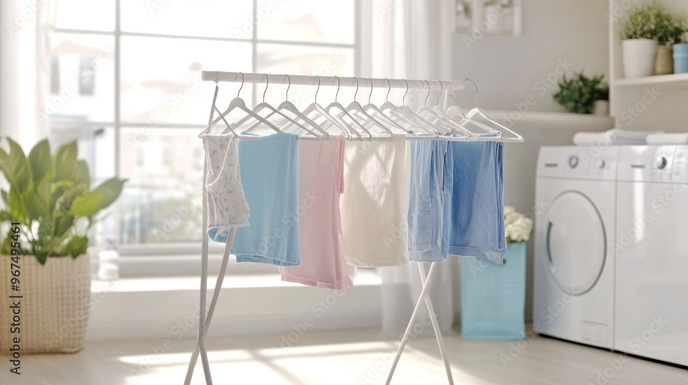A modern clothes drying rack set up in a bright, clean laundry room with freshly washed clothes hanging to dry.9 A modern clothes drying rack set up in a bright, clean laundry room with freshly washed clothes hanging to dry.9