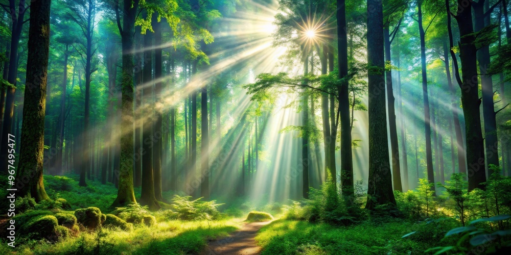 Fototapeta premium Beautiful deep forest scene with a light beam in woodland perfect for a background, Forest, trees, nature, beauty, serene