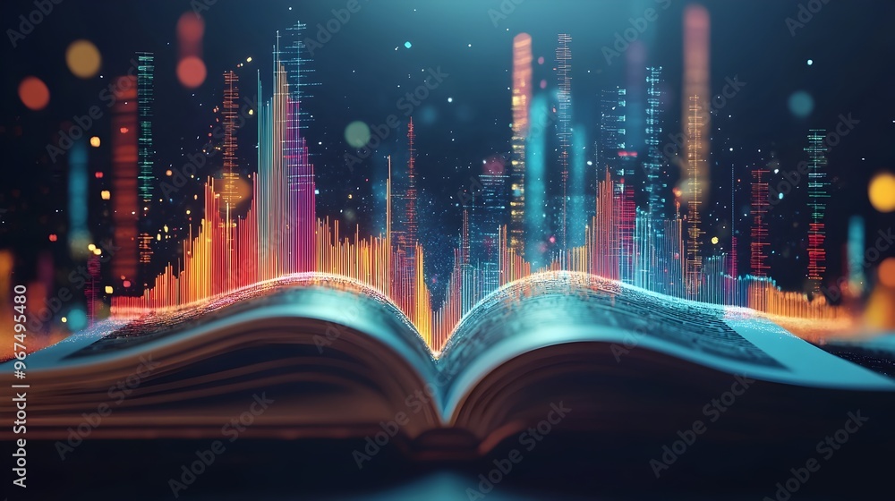 Glowing 3D data charts and visualizations dynamically emerging from the pages of an open book symbolizing the fusion of published research academic studies
