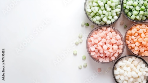 Fototapeta Naklejka Na Ścianę i Meble -  Five containers display a colorful assortment of frozen vegetables atop a clean white surface, emphasizing the freshness and convenience of healthy meal preparation