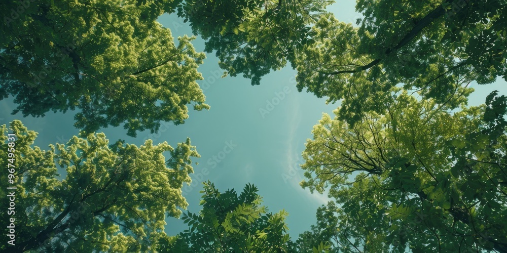 Green tree canopy with blue sky viewed from above Green tree canopy with blue sky viewed from above