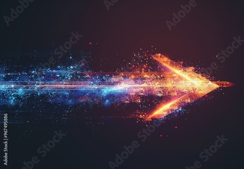 Glowing Arrow of Light with Blue and Red Trails Against Black Background, 3D Rendered Illustration in Space Opera Style, High-Speed Photography with Motion Blur, Long Exposure, Starry Sky Background, 