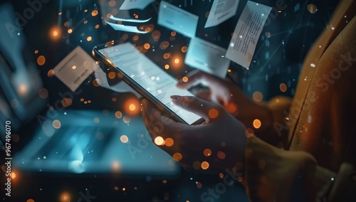 Close-Up of Hands Holding Mobile Phone with Glowing Digital Icons and Floating Documents, Representing Cloud Technology for Document Management on Dark Background