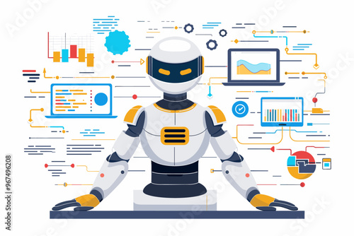Android robot run by Artificial Intelligence supervising marketing graphics and data analysis