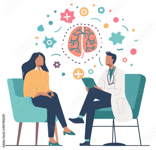 Professional neurologist doctor attending a patient in consulting room. Minimalist design banner