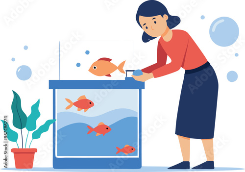 A woman is cleaning a fish tank with a few fish in it. The fish are orange and there are a total of five of them
