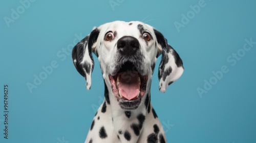 Studio portrait of a dalmatian dog with a surprised face isolated on blue background