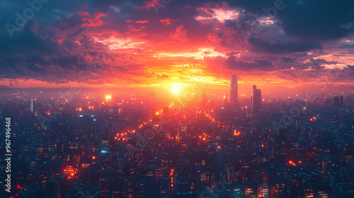 Wallpaper Mural A dramatic cinematic sunset over a dark cityscape, with glowing lights illuminating the skyline. Smooth textures and noise reduction highlight the urban atmosphere. Torontodigital.ca