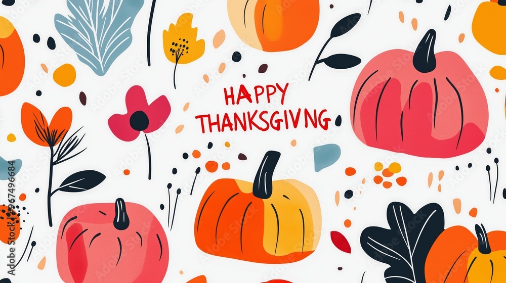 A cheerful Thanksgiving illustration featuring pumpkins and flowers against a vibrant geometric pattern A cheerful Thanksgiving illustration featuring pumpkins and flowers against a vibrant geometric pattern