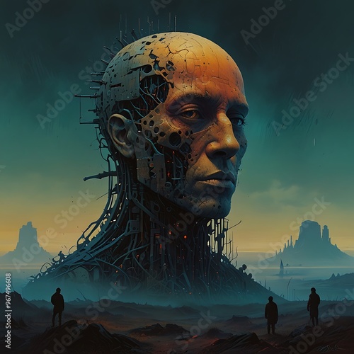 An abstract Beksinski painting with cyberpunk features 