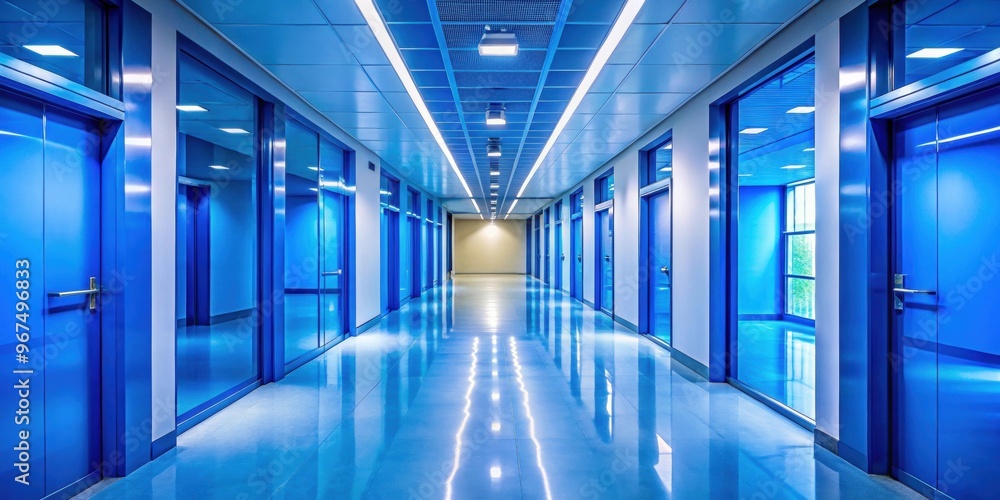 Fototapeta premium Blue corridor in modern office building , interior, architecture, design, hallway, corridor, office, modern, contemporary, blue