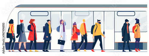People using a public commuter train in train station