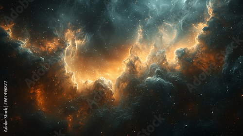 A breathtaking cinematic nebula with dark, swirling clouds of cosmic dust illuminated by distant stars. The dark tones enhance the mysterious and vast feel of outer space.