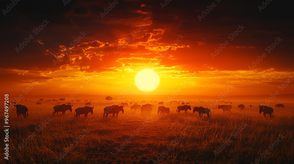 A cinematic view of the sun setting over a safari landscape, with dark silhouettes of animals in the foreground. The smooth textures and noise reduction create a dramatic scene.