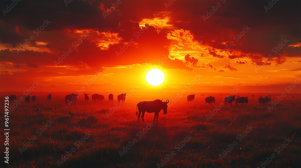 A cinematic view of the sun setting over a safari landscape, with dark silhouettes of animals in the foreground. The smooth textures and noise reduction create a dramatic scene. A cinematic view of the sun setting over a safari landscape, with dark silhouettes of animals in the foreground. The smooth textures and noise reduction create a dramatic scene.