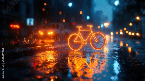 neonilluminated bicycle lane symbol glowing against dark urban backdrop futuristic cityscapes reflected in puddles photo