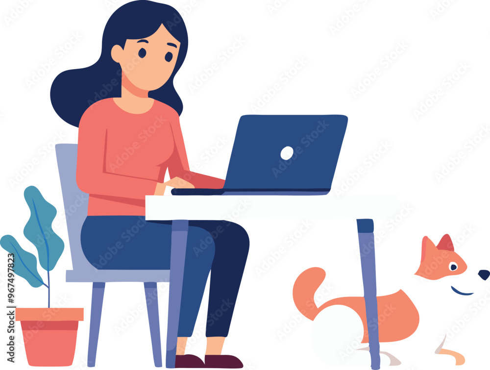 A woman is sitting at a desk with a laptop and a cat. She is typing on the laptop and the cat is laying on the floor. Concept of productivity and relaxation A woman is sitting at a desk with a laptop and a cat. She is typing on the laptop and the cat is laying on the floor. Concept of productivity and relaxation