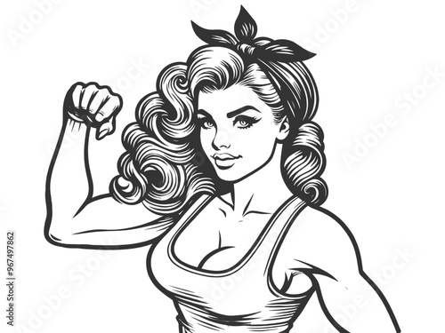 strong pin-up woman flexing her arm in a confident pose, capturing empowerment and 1950s aesthetics sketch engraving generative ai vector illustration. Scratch board imitation. Black and white image.