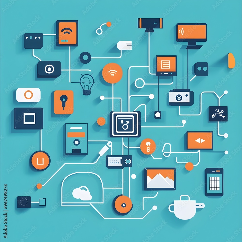 Interconnected Smart Devices and Data Sharing in a Digital Network of the Internet of Things IoT Concept with Flat Design Icons and Symbols Interconnected Smart Devices and Data Sharing in a Digital Network of the Internet of Things IoT Concept with Flat Design Icons and Symbols
