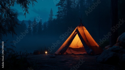 Wallpaper Mural A nighttime scene of a tent illuminated from inside with warm light, creating a cozy and inviting atmosphere in the wilderness. Torontodigital.ca