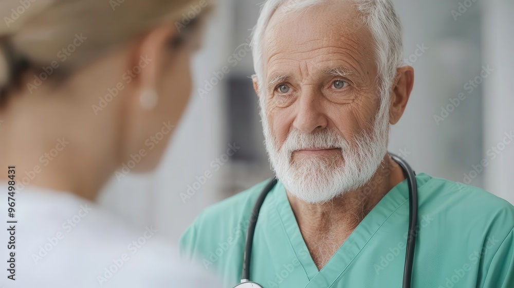 Obraz premium Elderly man receiving a home health visit from a nurse, monitoring chronic illness, geriatric home health care, elderly care