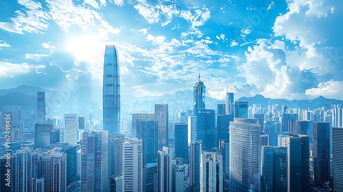 Hong Kong�s skyline shines under a blue sky, with towering skyscrapers defining the cityscape.