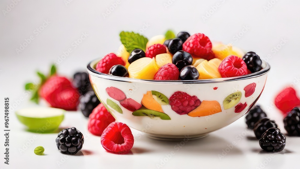 one bowl of fruit salad with mixed berries and fruits in a transparent glass bowl isolated on a white background one bowl of fruit salad with mixed berries and fruits in a transparent glass bowl isolated on a white background