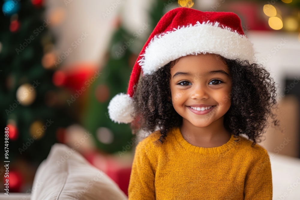 Smiling cute little girl with curly afro hair near Christmas tree. Smiling cute little girl with curly afro hair near Christmas tree.