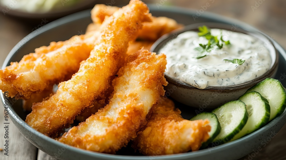 Crispy fish strips served with a creamy dip and tangy cucumber slices. Crispy fish strips served with a creamy dip and tangy cucumber slices.